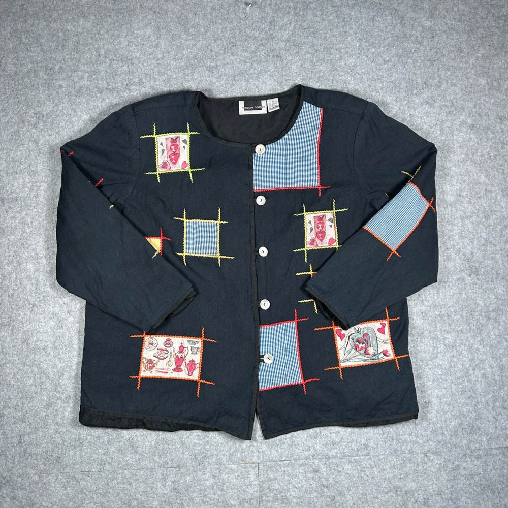 Maggie Barnes Jacket Womens 3X Black Patchwork Art Teacher Blazer shoulder pads